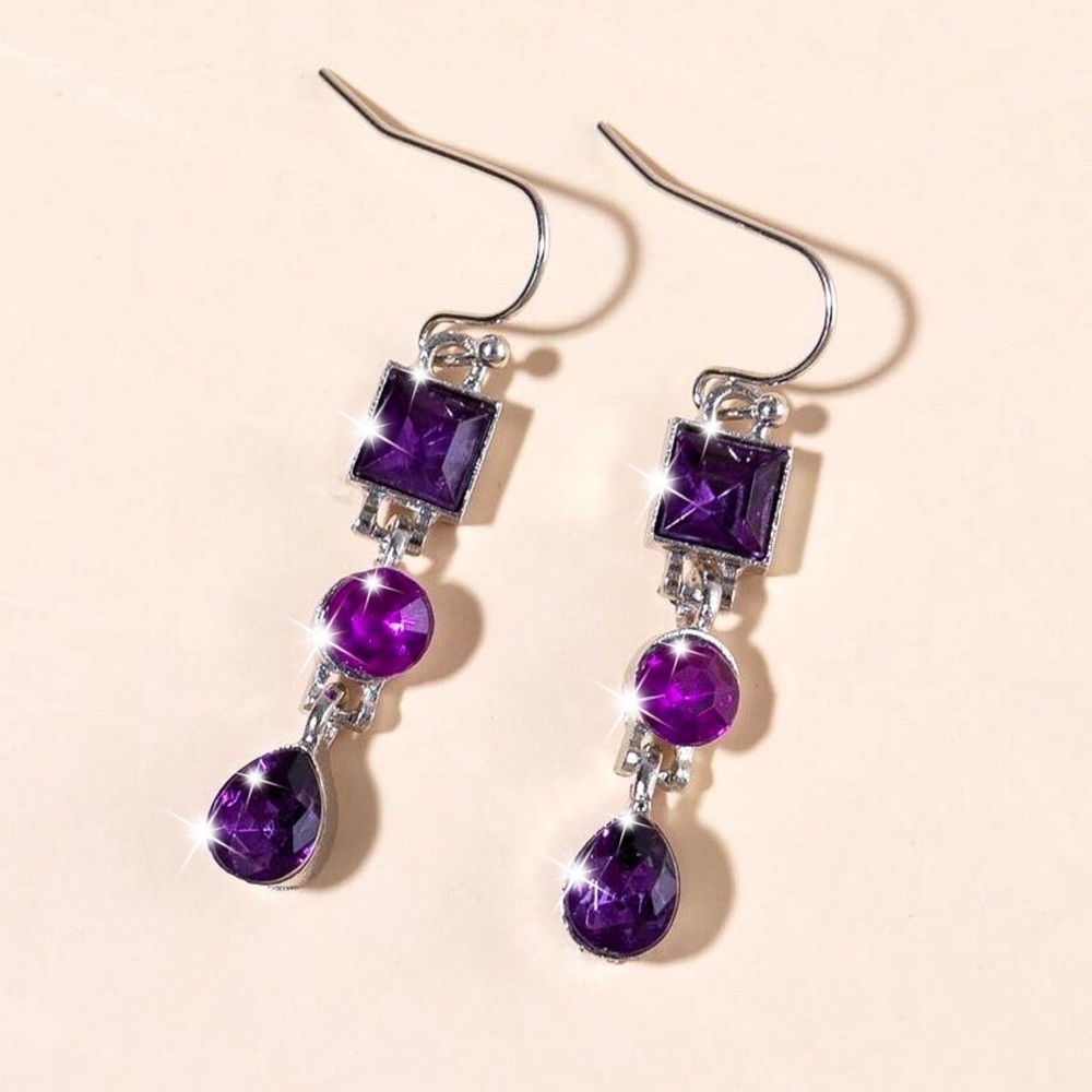 Silver Purple Crystal Geometric Dangle Earrings